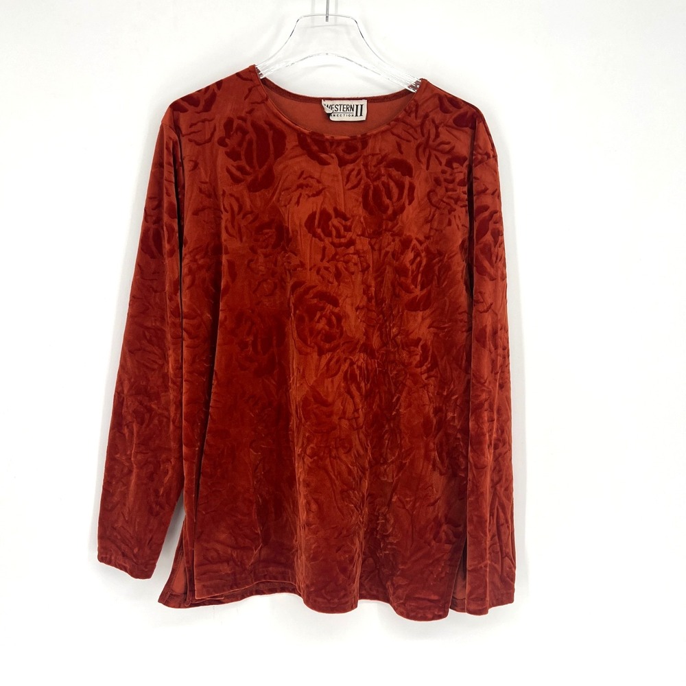 Vtg Western Connection Top Womens 1X Orange‎ Velvet Floral Peasant Boho